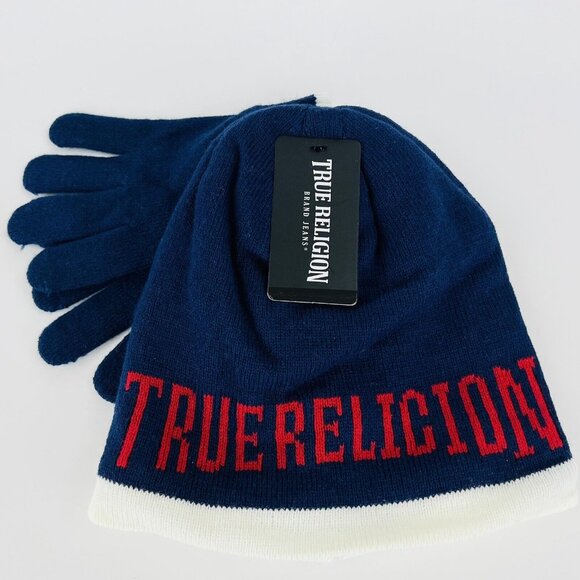 True Religion Other - True Religion Kids Beanie & Gloves 2-Pieces Set Blue Red Logo Front One Size NWT